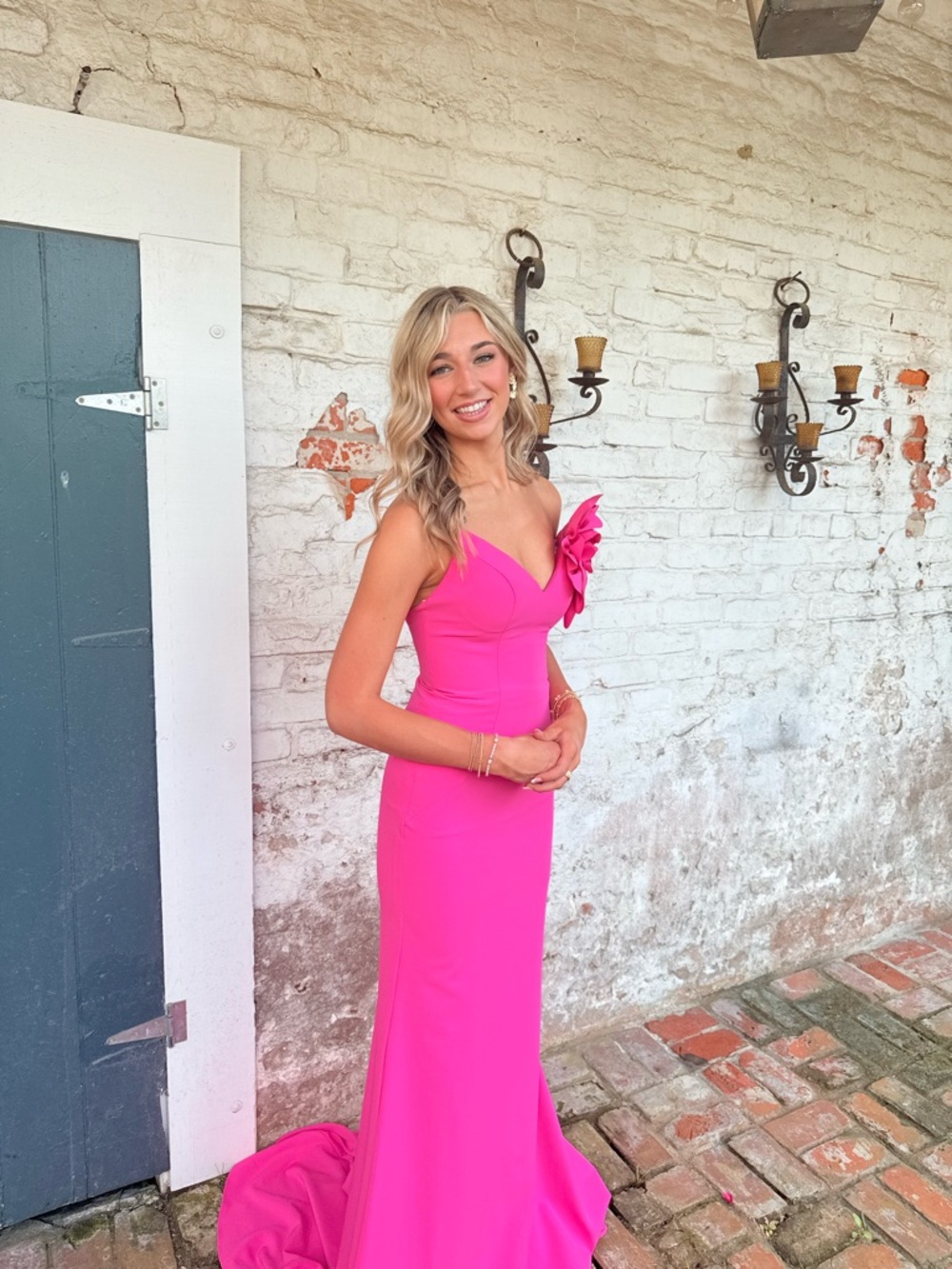 Jovani Hot Pink One-Shoulder Prom Gown with Floral Detail